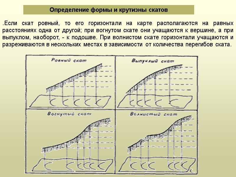 Определение формы и крутизны скатов  .Если скат ровный, то его горизонтали на карте